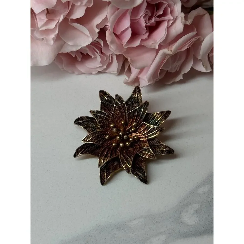 925 Sterling Silver Gold Plated Brooch Flower Length 1.6 In